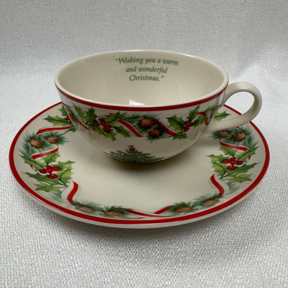 CHRISTMAS TREE SPODE 2010 ANNUAL IVORY GREEN RED TEACUP AND SAUCER COLLECTION